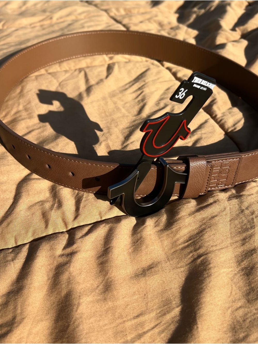 True Religion Brown Leather Belt with Black Logo Buckle Size 36 NWT